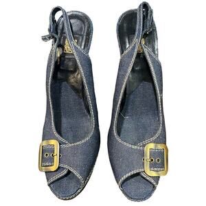 Biba Denim Peep Toe Buckle Heels Sz 41 NWOB